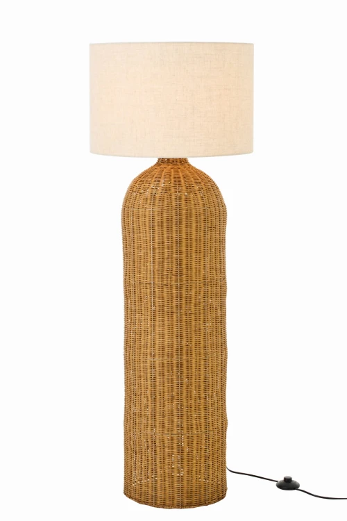 lampa podłogowa boho rattan z białym kloszem