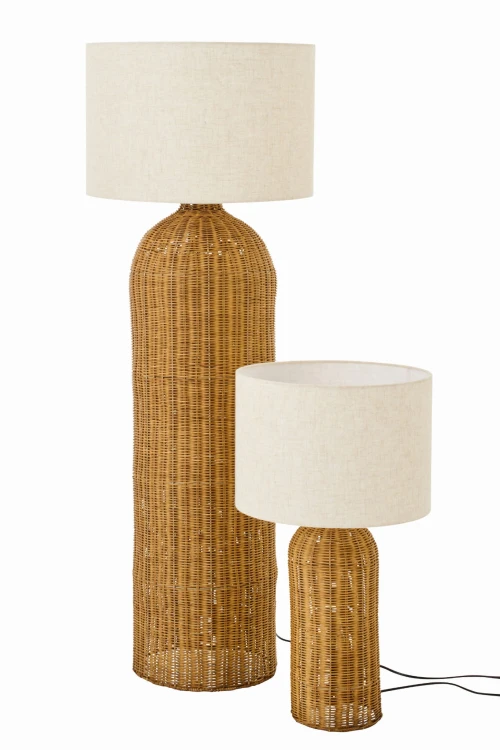 lampa podłogowa boho rattan z białym kloszem