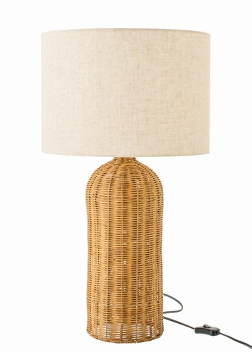 lampa stołowa cylindryczna z rattanu z białym kloszem