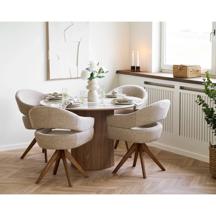stół okrągły z blatem ceramicznym biało-brązowym imitującym marmur house nordic