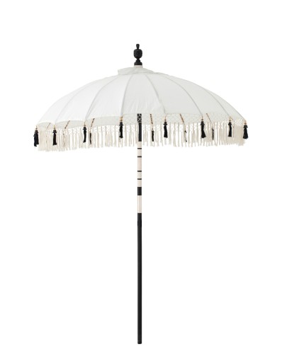 parasol ogrodowy boho kremowo- czarny z frędzlami