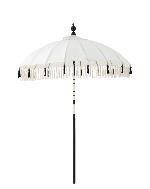 parasol ogrodowy boho kremowo- czarny z frędzlami