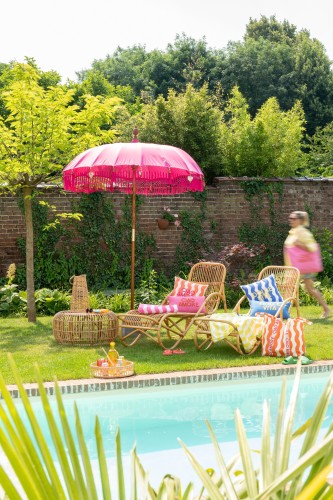 parasol ogrodowy różowy boho z frędzlami