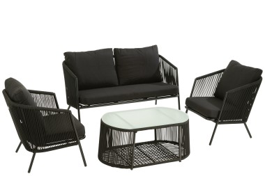 ZESTAW MEBLI OGRODOWYCH ELI CZARNY - STOLIK, SOFA, 2 FOTELE Z PODUSZKAMI - J-LINE
