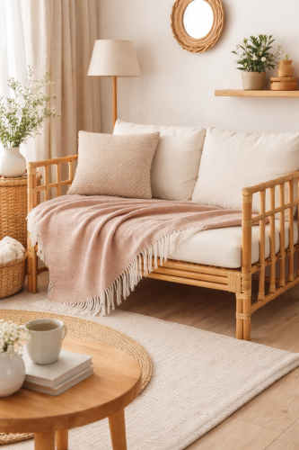 sofa elise rattanowa z poduszkami i pledem