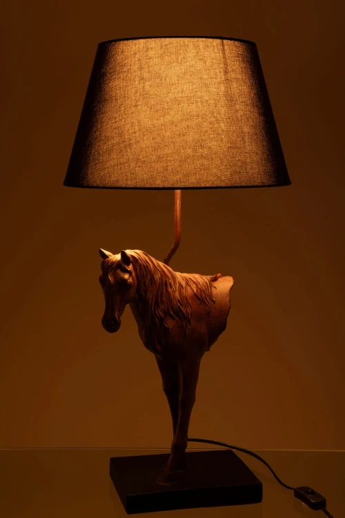 lampa stołowa brązowy koń z czarnym kloszem j-line